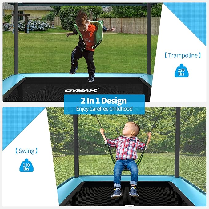 GYMAX Trampoline for Kids, 6FT Toddler Trampoline with Swing & Enclosure Safety Net, ASTM Approved Rectangle Recreational Trampoline for Indoor/Outdoor, Birthday for Baby Boys & Girls