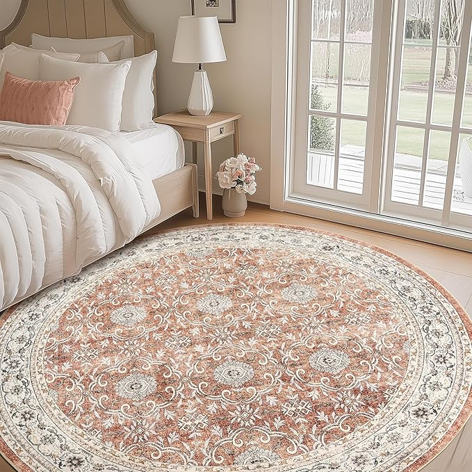 jinchan Round Rug 8ft Washable Circle Soft Rug - Low Pile Vintage 8'Round Indoor Orange Floral Print Stain Resistant Boho Carpet Ultra-Thin Non-Slip for Living Room Bedroom Dining Room Kitchen