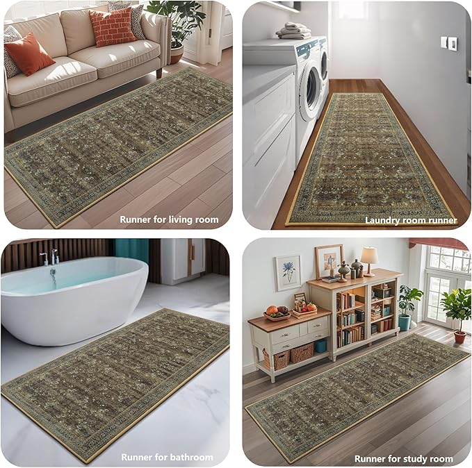 2x6 Washable Kitchen Runner Rug for Hallways, Non Slip Laundry Runners for Bathroom, Low Pile Rubber Backed Rugs for Entryway, Vintage Floral Carpet for Living Room Bedroom Brown/Yellow