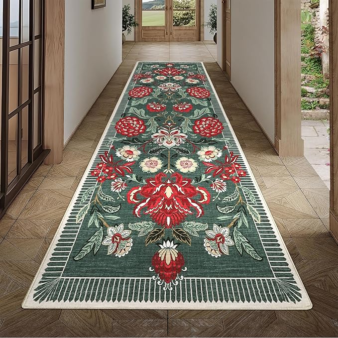GarveeHome Floral Botanical 2x6 Washable Kitchen Runner Rugs Non Slip Grey Green Vintage Boho Cottage Long Rug for Hallways Bedroom Entryway Bathroom Mat with Rubber Back