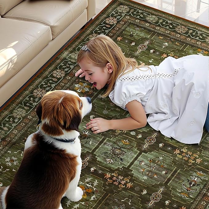 5x7 Washable Area Rug for Living Room Dining Room, Distressed Non Slip Vintage Floral Rugs for Bedroom, Traditional Indoor Floor Carpet for Dining Kitchen Farmhouse Dark Green