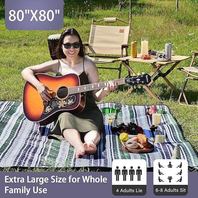 HX&OD Outdoor Picnic Blanket Extra Large, 80''*80' Waterproof Picnic Mat with Stakes Foldable Camping Blanket Portable with Carry Strap for Beach Mat (Green, 80''*80'')