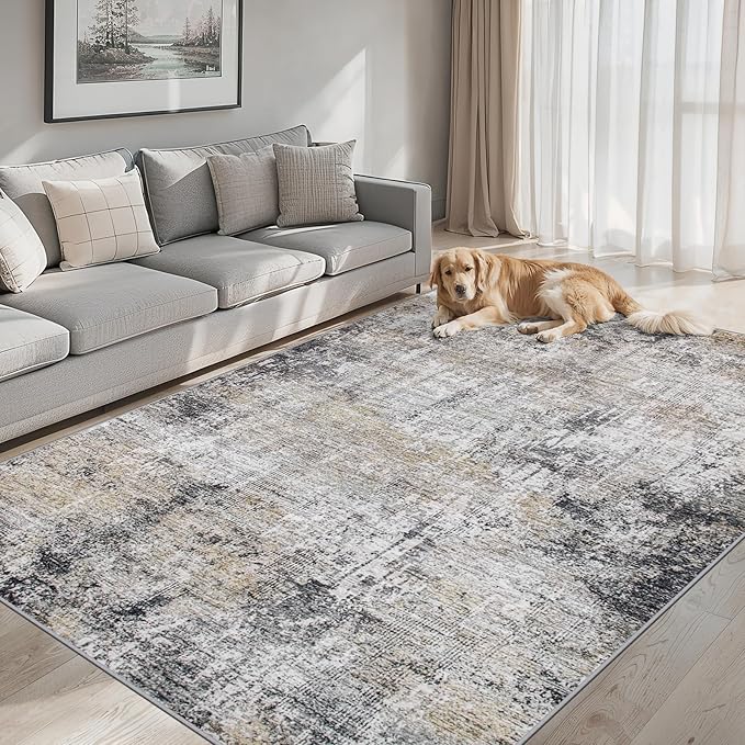 Area Rugs 10x14 Living Room - Washable Rug Modern Abstract Soft Large Neutral Non-Slip Carpet Indoor Floor Thin Carpets for Bedroom Dining Room Farmhouse Nursery Home Office Brown Black Grey