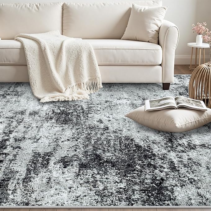 Area Rugs 8x10 Living Room Rugs: Modern Abstract Washable Rug with Non-Slip Backing, Stain Resistant Indoor Floor Large Carpet for Bedroom Dining Room Table Nursery Hallway Home Office Dark Black/Gray