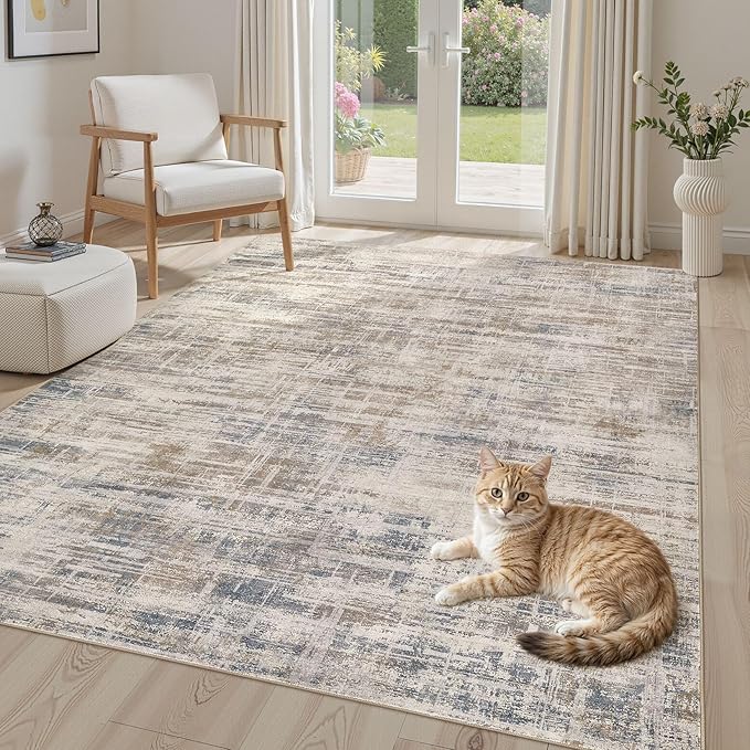 Area Rug for Living Room: 6x9 Washable Neutral Abstract Modern Soft Rugs Non Slip Indoor Floor Stain Resistant Large Carpet for Bedroom Dining Room Office Nursery - Brown