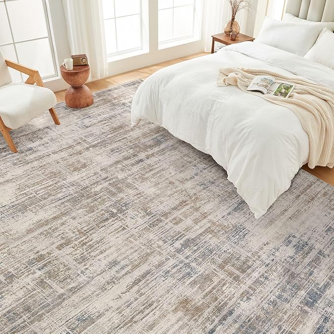 Area Rug for Living Room: 9x12 Washable Neutral Abstract Modern Soft Rugs Non Slip Indoor Floor Stain Resistant Large Carpet for Bedroom Dining Room Office Nursery - Brown
