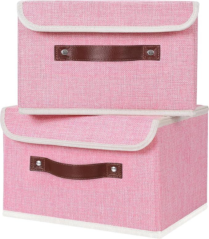 ANMINY 4PCS Storage Bins with Lid PU Leather Handles Storage Boxes PP Plastic Board Decorative Foldable Lidded Cotton Linen Fabric Home Cubes Baskets Closet Organizer Containers - Pink, Small Size