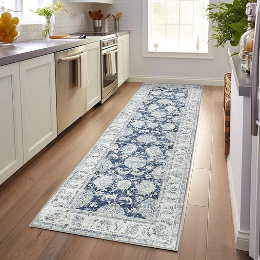 jinchan Hallway Runner Rug 3x7 Machine Washable Runner Rug Dark Blue Vintage Floral Design Non-Slip Low Pile Ultra-Thin for Kitchen Laundry Room Bedroom Farmhouse (3‘x7',Dark Blue)