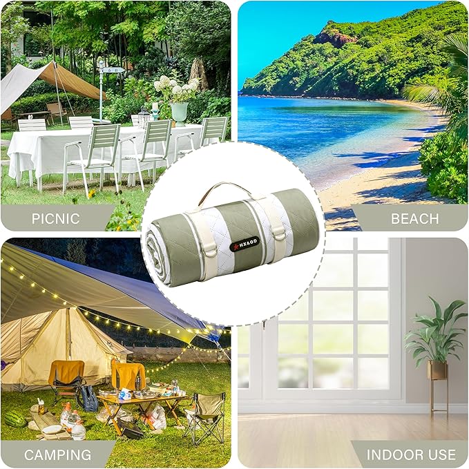 HX&OD Outdoor Picnic Blanket Extra Large, 80''*60'' Waterproof Picnic Mat with Stakes Foldable Camping Blanket Portable with Carry Strap for Beach Mat (Green& White, 80''*60'')