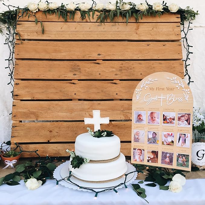 God Bless My First Year Photo Board - 1st Holy Communion Monthly Photos Display,God Bless 1 To 12 Months Photo Wooden Board,Baby Baptism Party Milestone Photos,Wooden Cross Photo Board (God Bless)