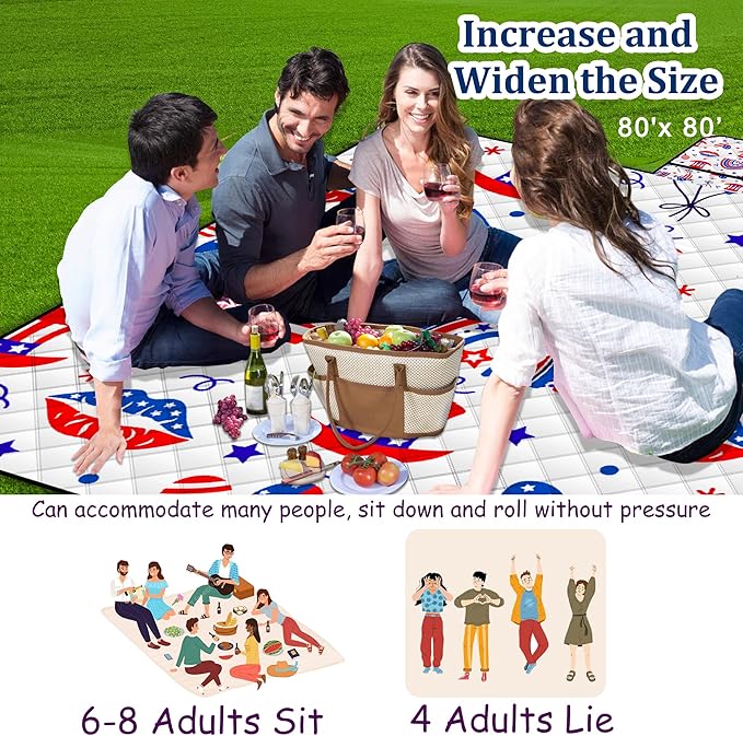 Extra Large Picnic Blanket Waterproof,80"x 80"Foldable Machine Washable Beach Blanket,Outdoor Blanket for 6-8 Adults,Suitable for Indoor Crawling,Park Beach,Camping,Hiking,Family Travel(Blue,Red)