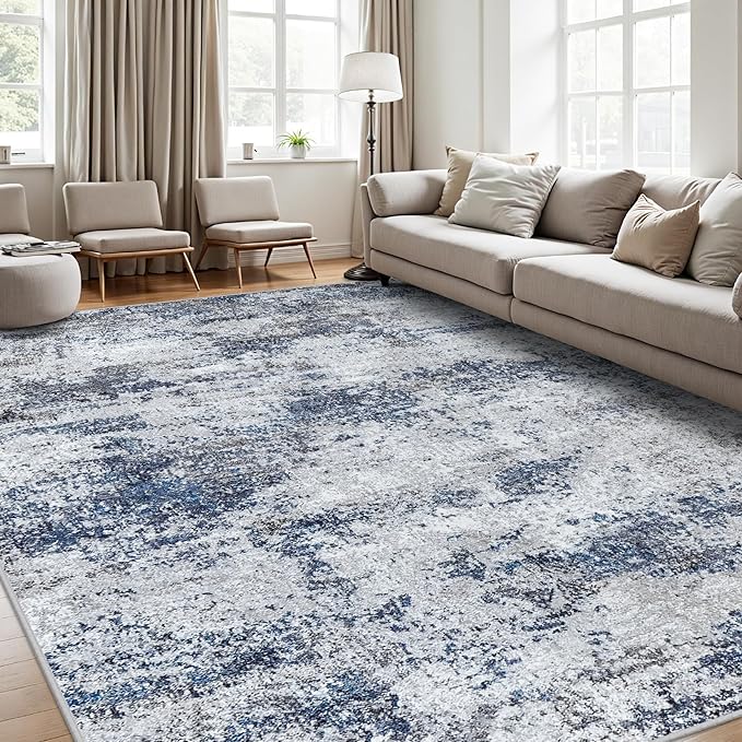 Area Rugs 8x10 Living Room Rugs: Modern Abstract Washable Rug with Non-Slip Backing, Stain Resistant Indoor Floor Large Carpet for Bedroom Dining Room Table Nursery Hallway Home Office Blue/Gray/Black