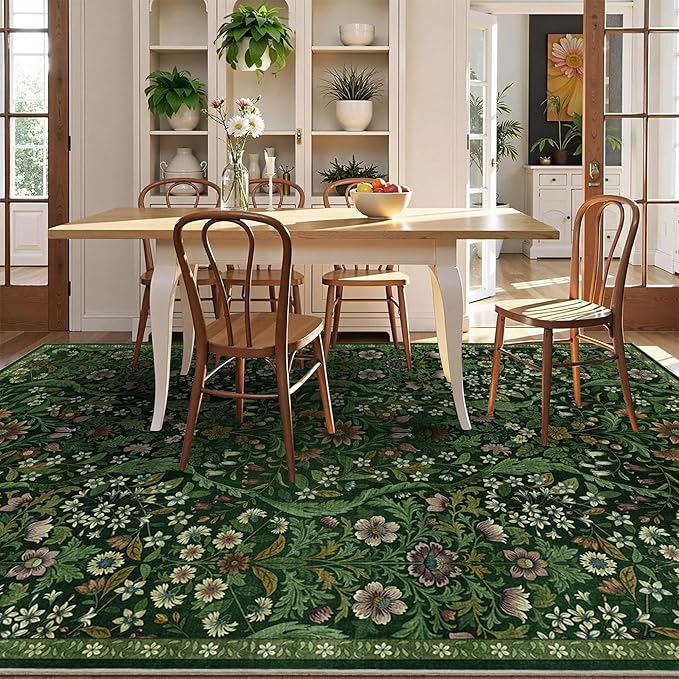Floral Washable 6x9 Area Rug，Dark Green Boho Rugs for Living Room, Soft Low-Pile Non-Slip Stain Resistant & Non-Shedding Carpet for Bedroom, Dining Room, Office, Entryway, Nursery