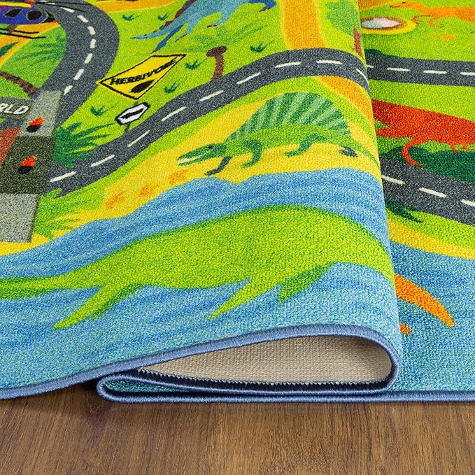KC Cubs 3x5 Dinosaur Toy Car Dino Road Rug – Educational Play Mat Carpet for Kids, Toddlers, Nursery, Classroom, Playroom, Baby Daycare, Boys & Girls